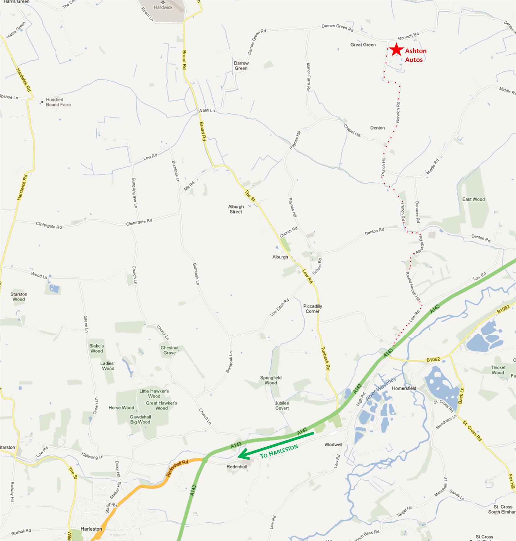 Annotated map showing the route from the A143 (coming from Harleston)